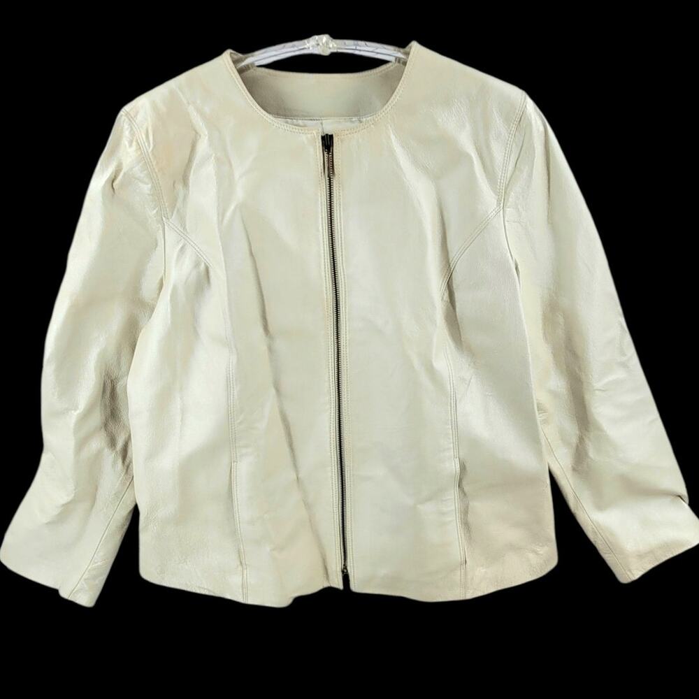 Y2K Revival Terry Lewis Pearlized Cream Leather‎ Cropped Jacket Chic Vintage